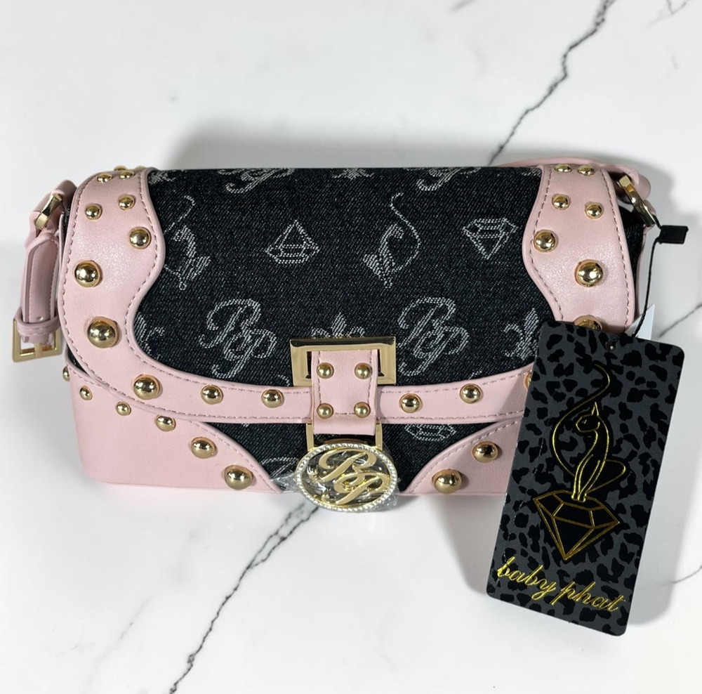 Baby Phat Black Denim Pink Studded Shoulder Crossbody Bag Y2K NWT